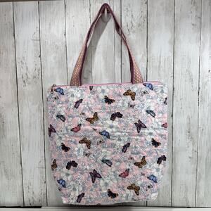 Large Quilted Pink Butterfly Tote Bag, Zippered Closure